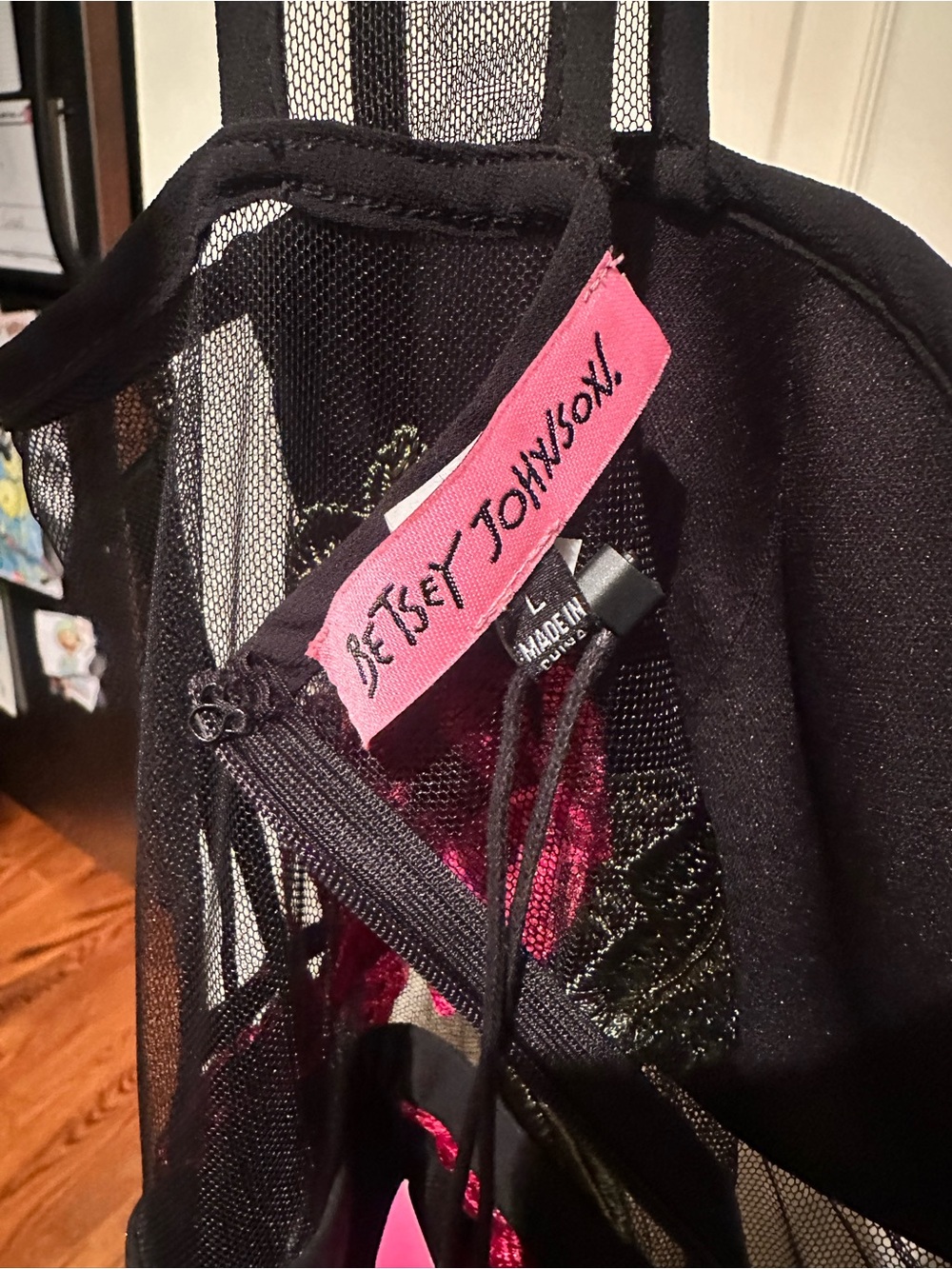 Betsey Johnson Black Sheer Dress with Pink Label and Red Floral Detail - Picture 2 of 3
